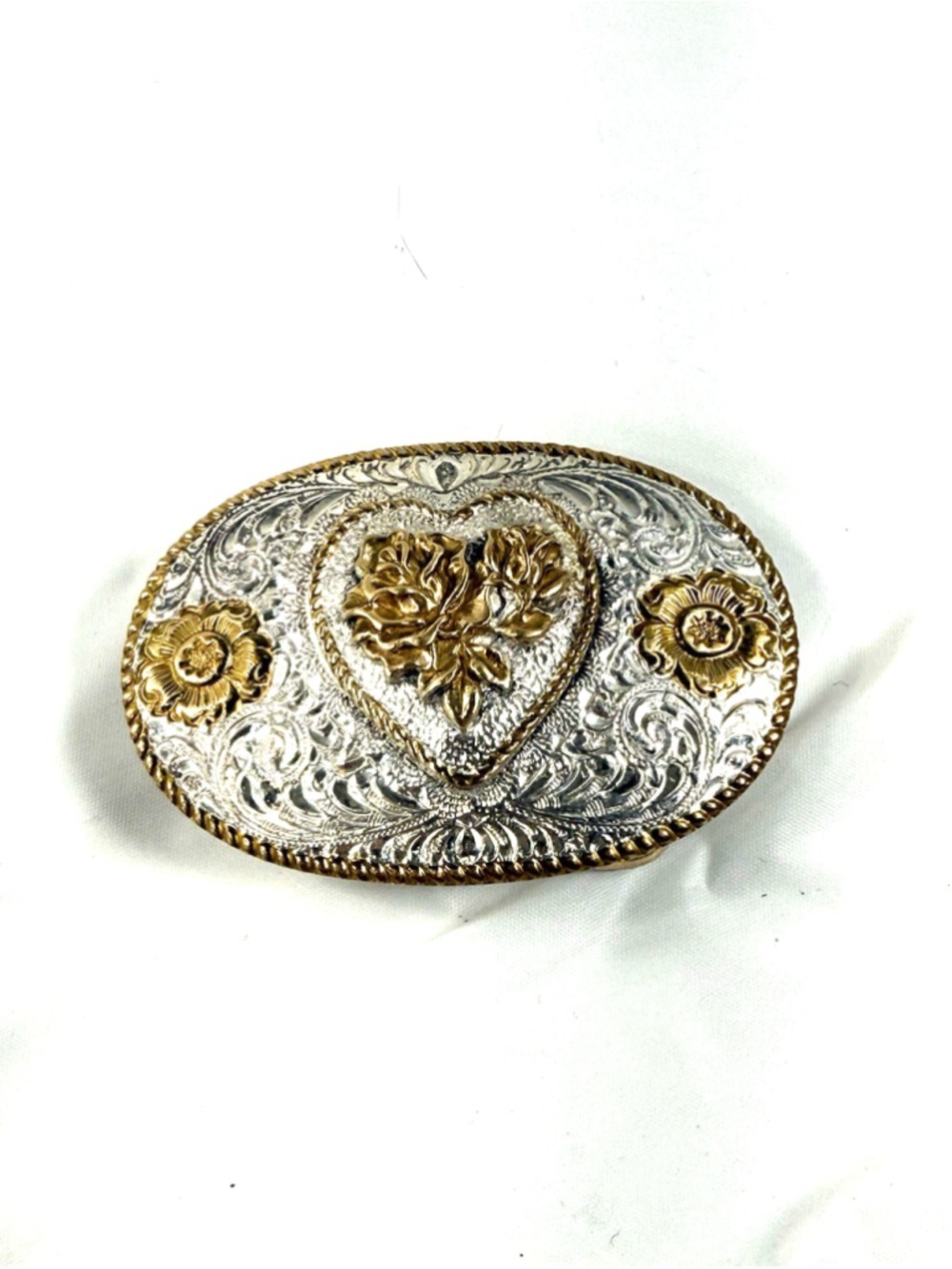 Crumrine Western Heart Roses Silver Plate Belt Buckle cowgirl rodeo